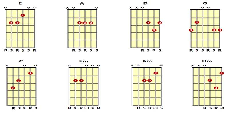 Основные аккорды для начинающих гитаристов: 6 струнная гитара